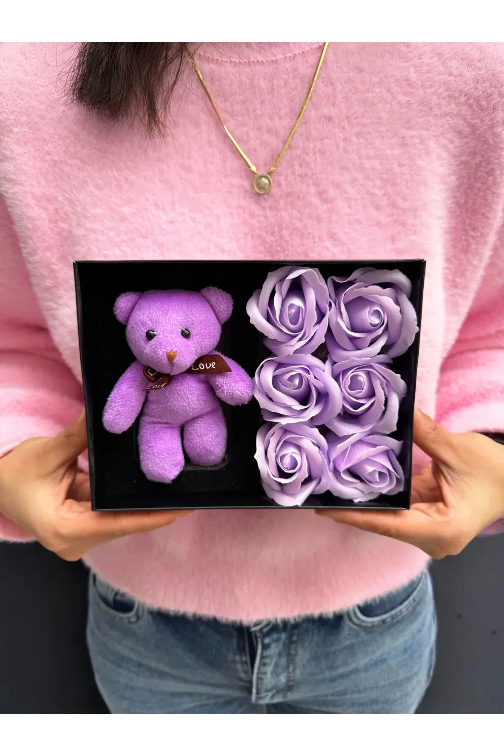 Eşe - Kız Kardeşe - Sevgiliye Hediye Mor Ayıcık ve Mor Güller - Ö