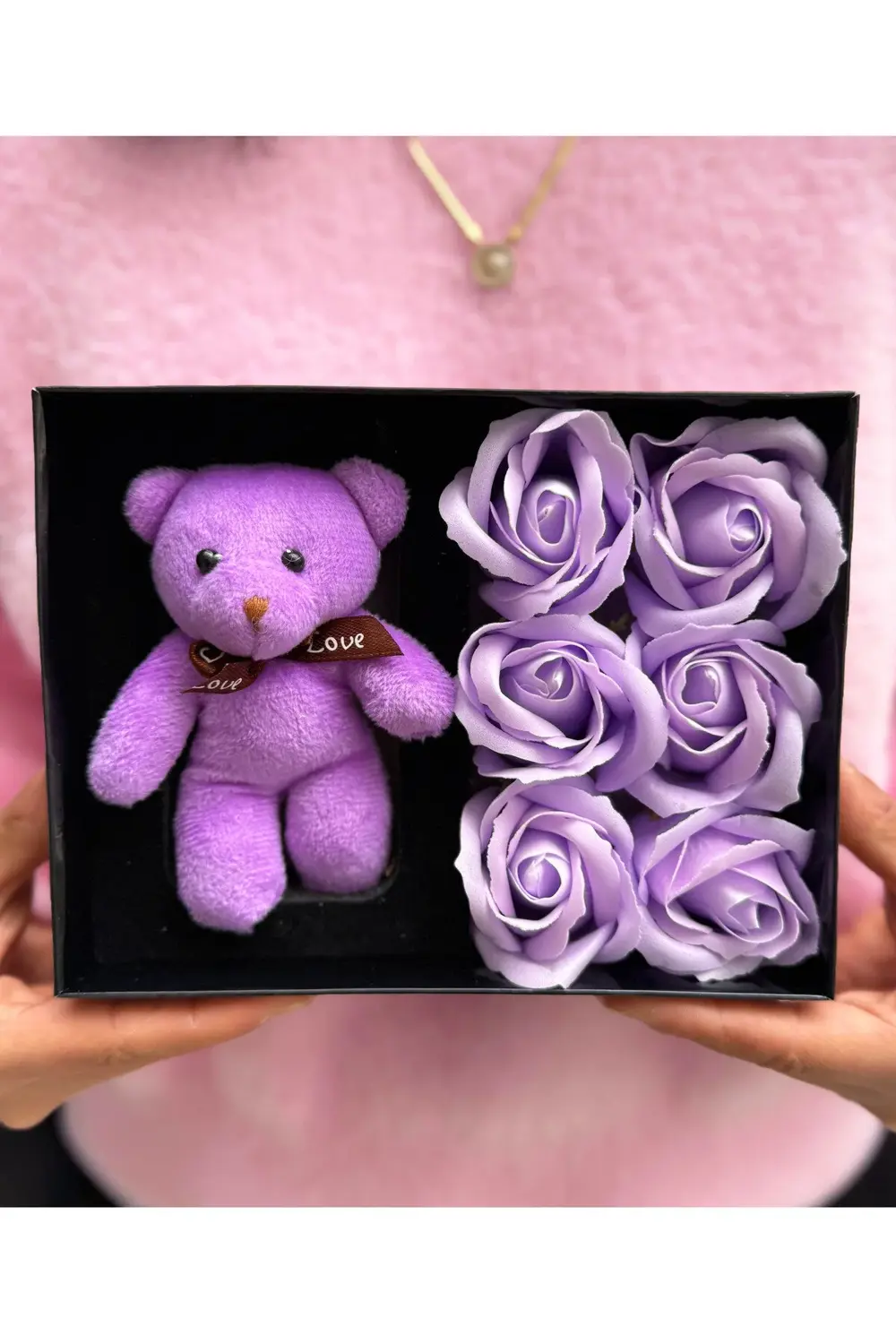 Eşe - Kız Kardeşe - Sevgiliye Hediye Mor Ayıcık ve Mor Güller - Ö