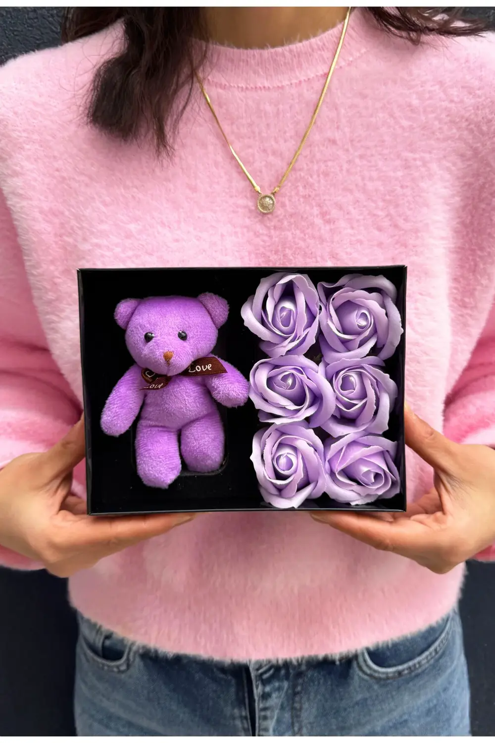 Eşe - Kız Kardeşe - Sevgiliye Hediye Mor Ayıcık ve Mor Güller - Ö