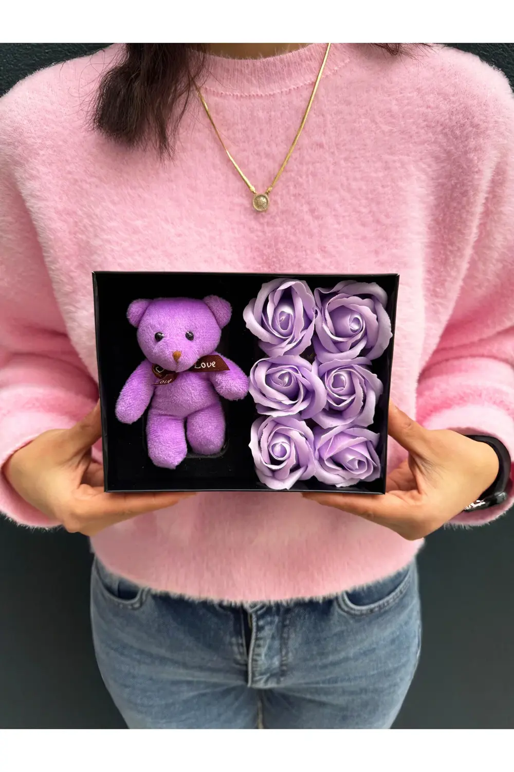 Eşe - Kız Kardeşe - Sevgiliye Hediye Mor Ayıcık ve Mor Güller - Ö