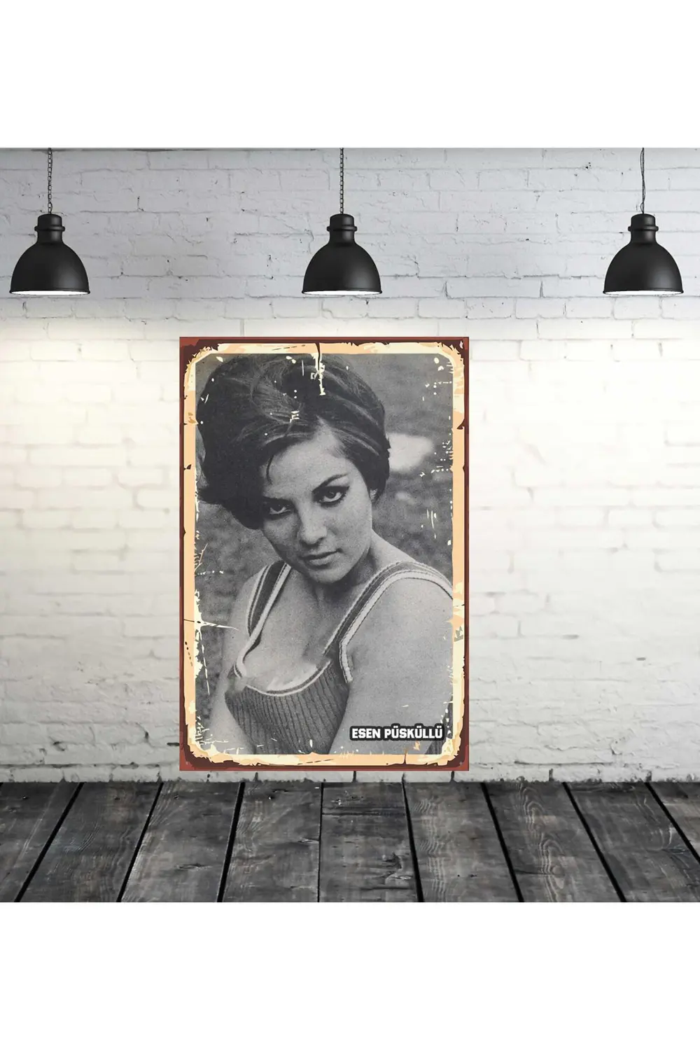 Esen Püsküllü Yeşilçam Tasarımlı Siyah Beyaz 20x30 Cm Retro Ahşap