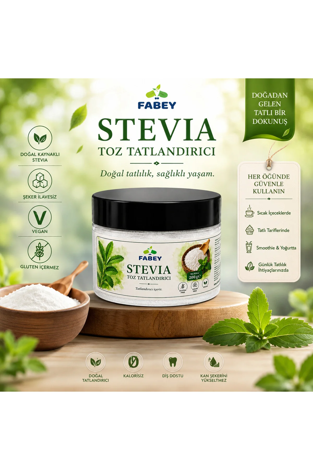 esfabey Stevia Toz Tatlandırıcı 200 g – Şekersiz Doğal Tatlandırıcı, Vegan ve Glutensiz