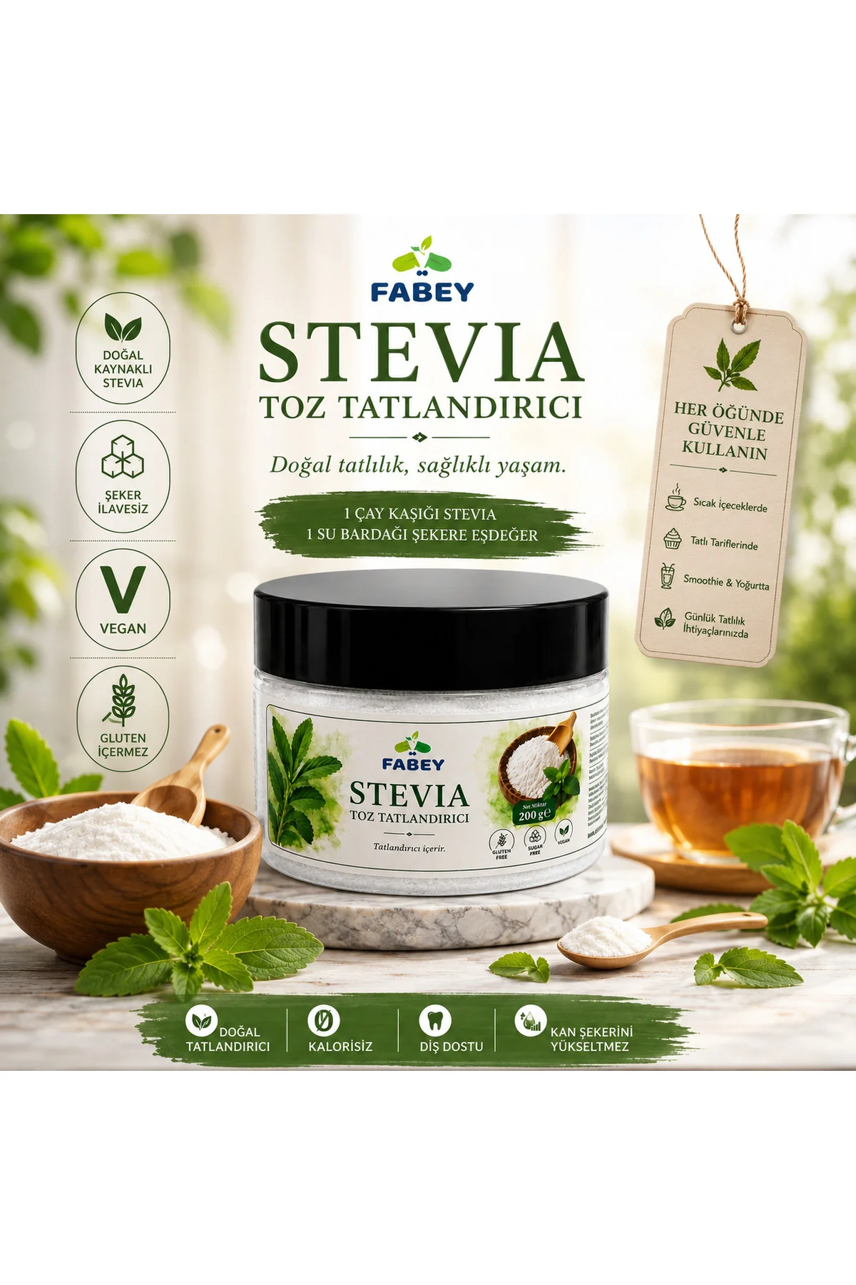 esfabey Stevia Toz Tatlandırıcı 200 g – Şekersiz Doğal Tatlandırıcı, Vegan ve Glutensiz