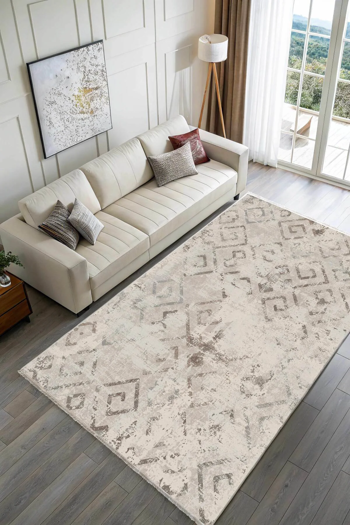 Eskitme Bej Gri Şönil Halı Kilim Yolluk Kaymaz Yıkanabilir Oturma