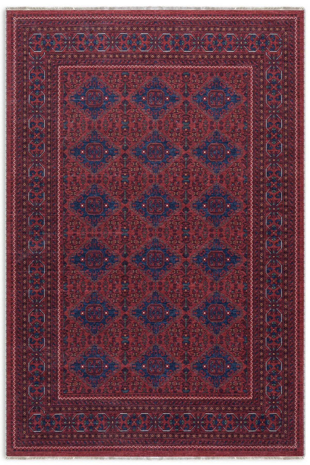 Eskitme bordo pembe kendinden saçaklı şönil afgan halısı kilim ka