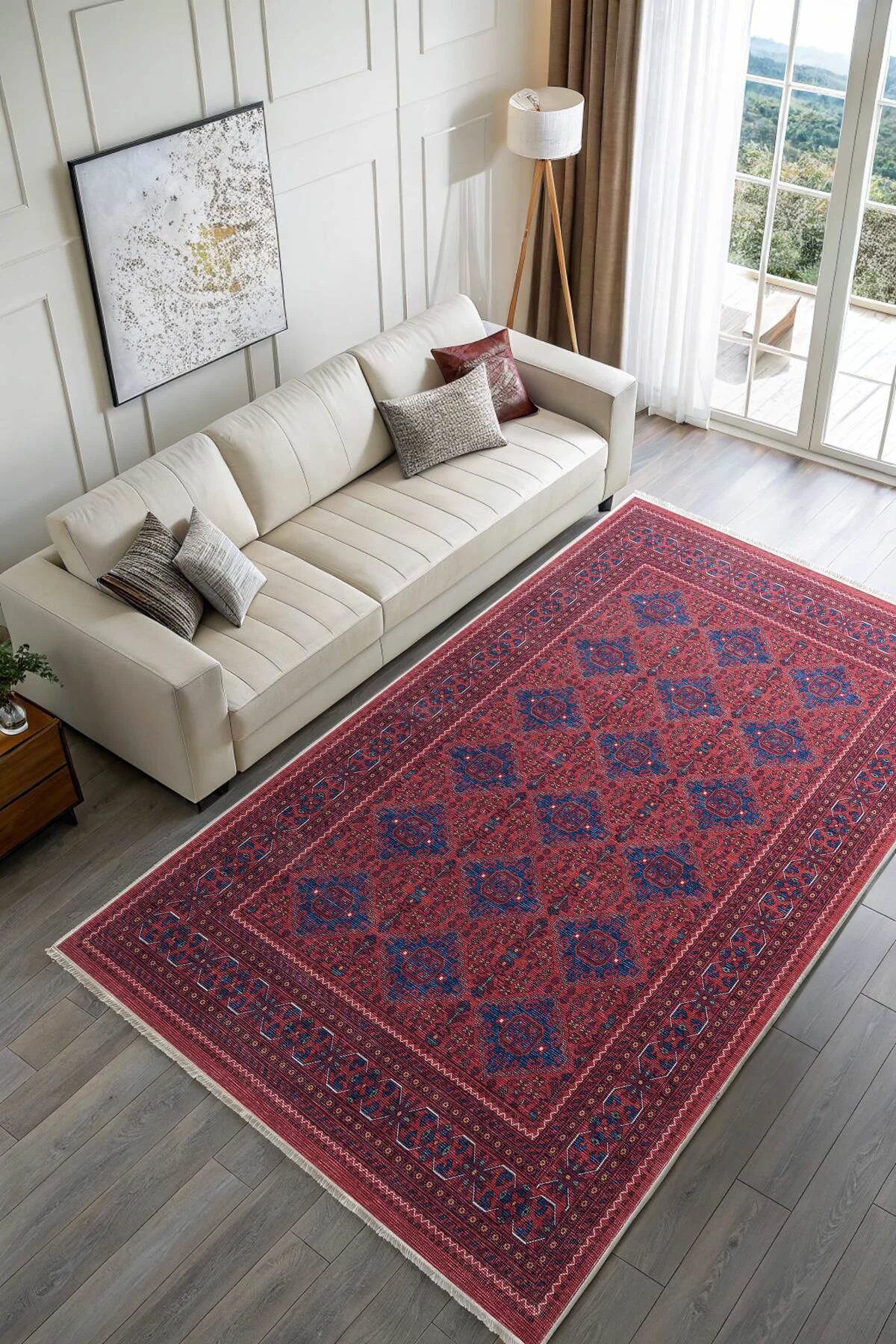 Eskitme bordo pembe kendinden saçaklı şönil afgan halısı kilim ka