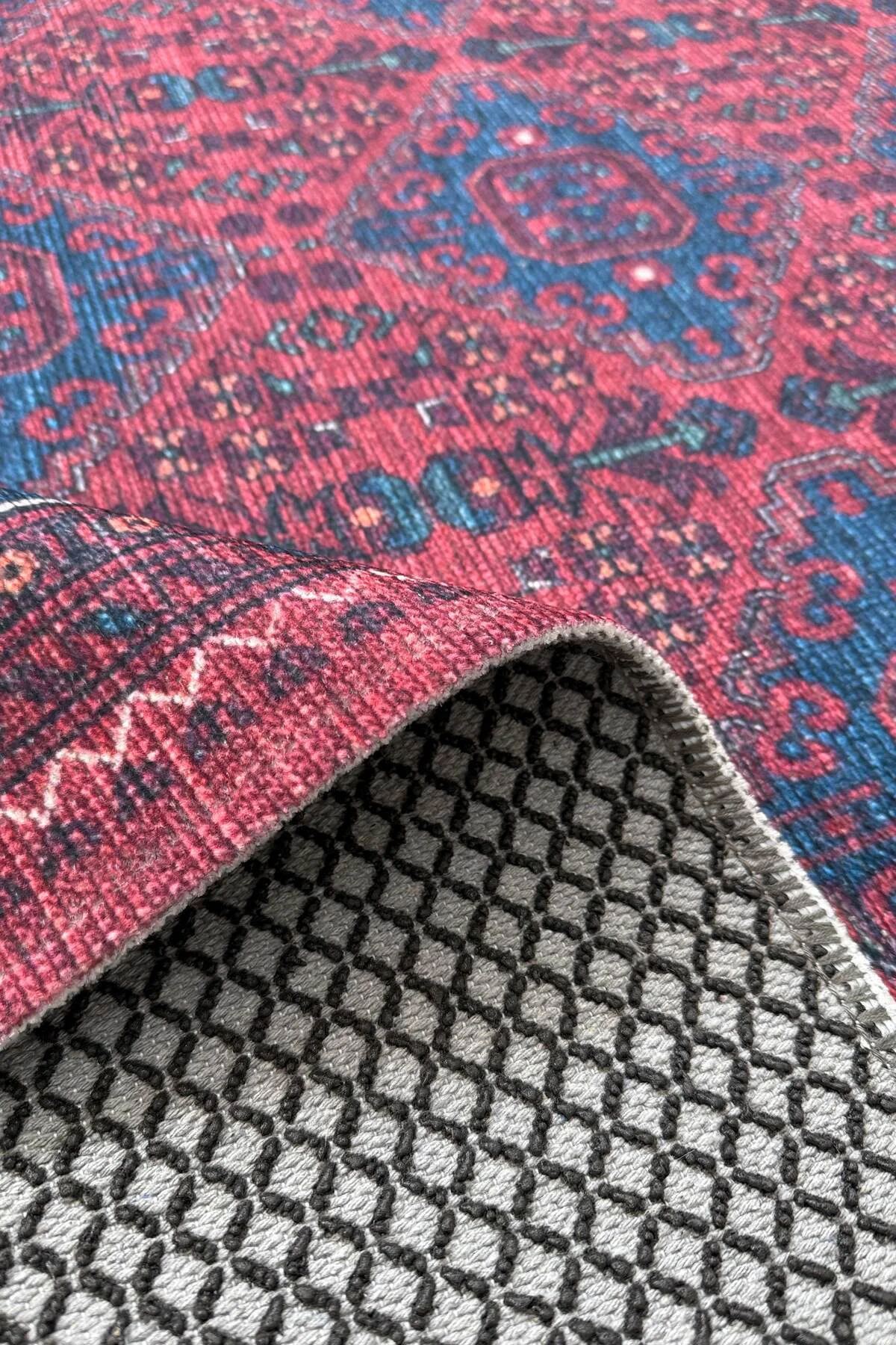 Eskitme bordo pembe kendinden saçaklı şönil afgan halısı kilim ka