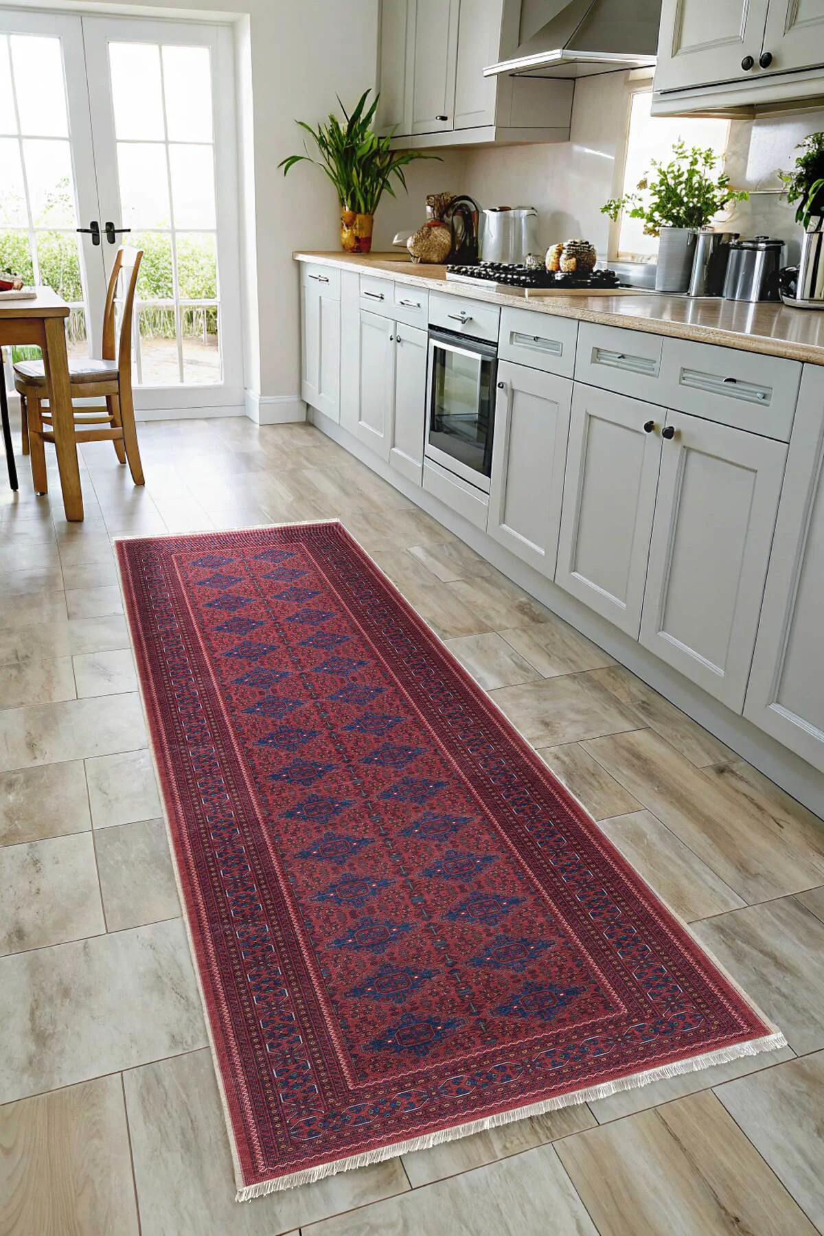 Eskitme bordo pembe kendinden saçaklı şönil afgan halısı kilim ka