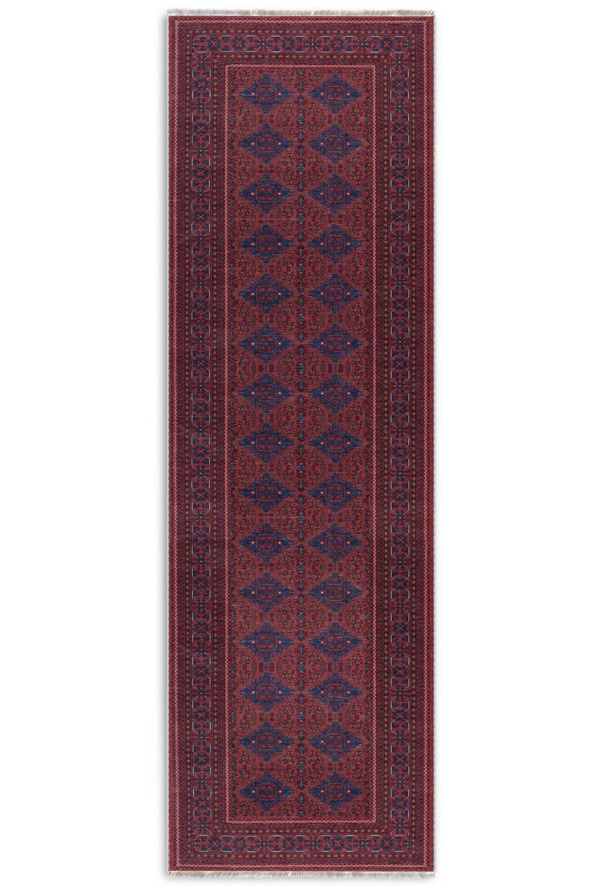 Eskitme bordo pembe kendinden saçaklı şönil afgan halısı kilim ka