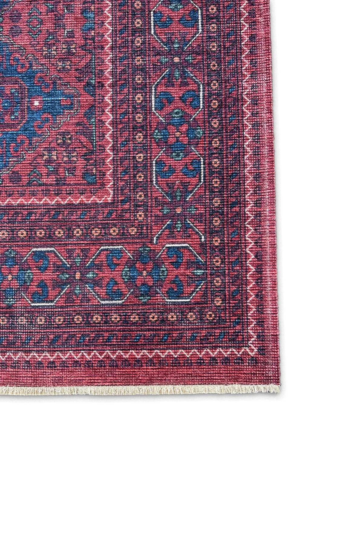 Eskitme bordo pembe kendinden saçaklı şönil afgan halısı kilim ka