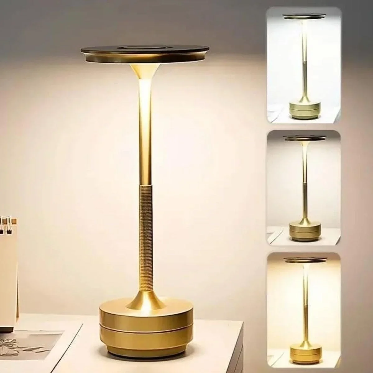 Eskitme Gold Kasa Dokunmatik Şarjlı Masa Lambası – 3 Renk Işık Modlu, LED Aydınlatmalı, Modern & Dekoratif Abajur Eskitme Gold Kasa Dokunmatik Şarjlı Masa Lambası – 3 Renk Işık Modlu, LED Aydınlatmalı, Modern & Dekoratif Abajur