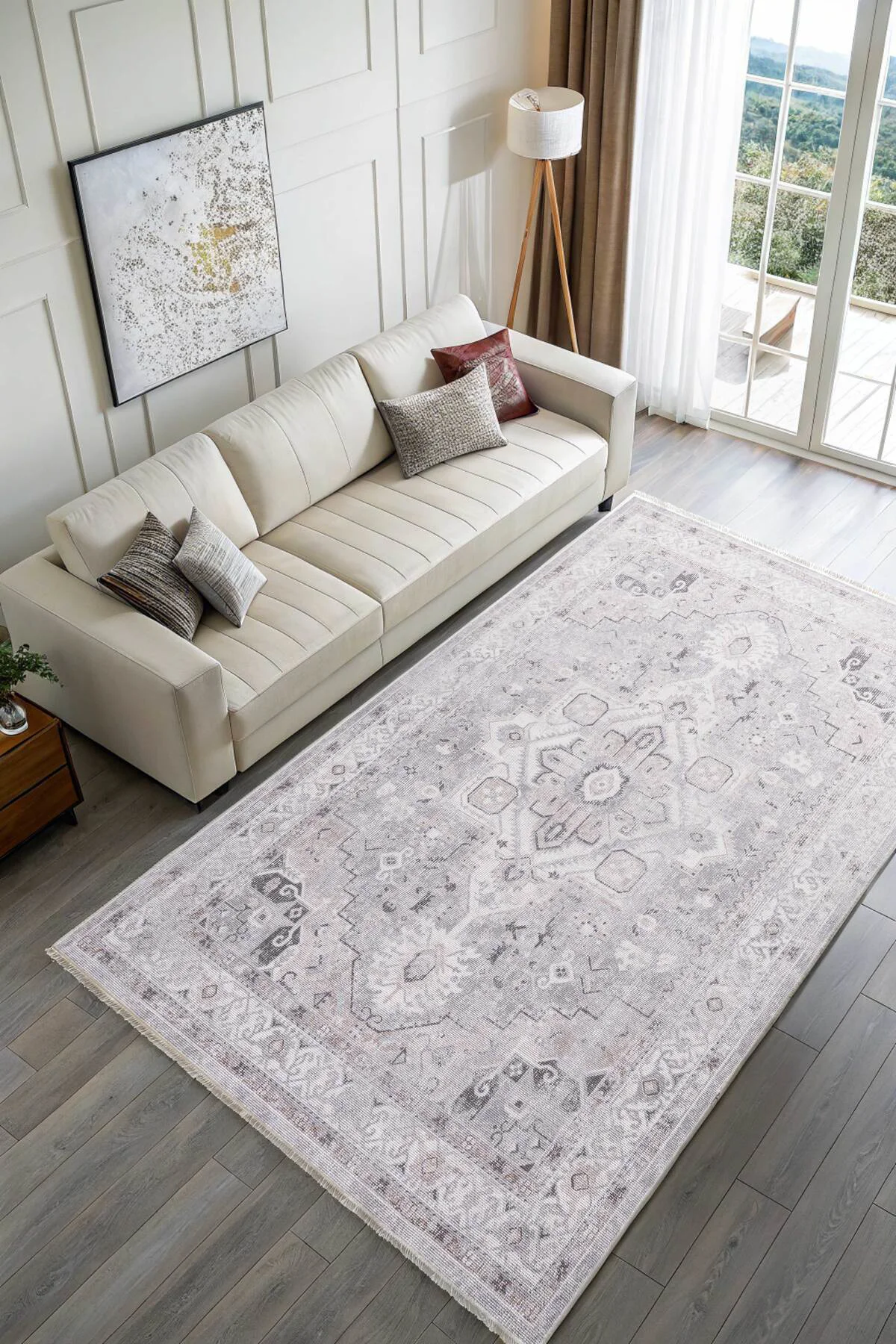 Eskitme gri bej şönil halı kilim yolluk kendinden saçaklı madalyo