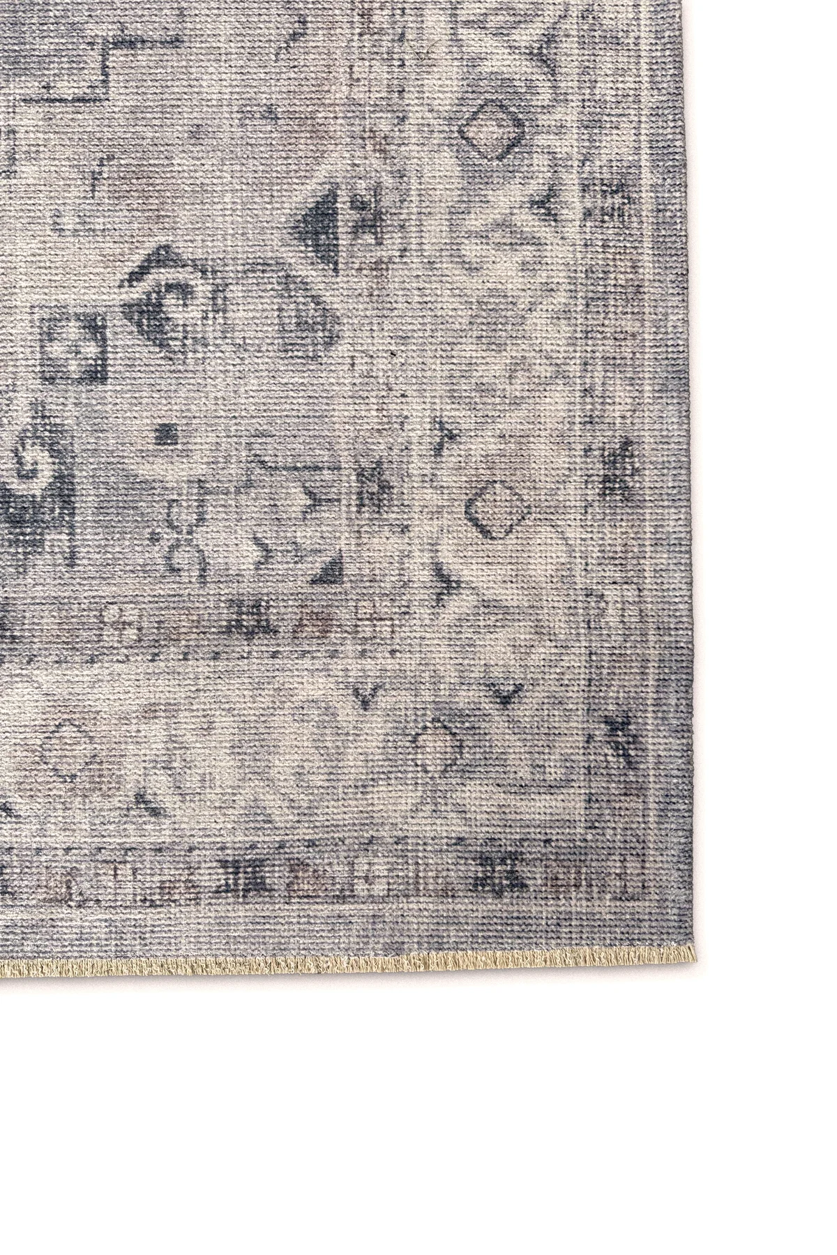 Eskitme gri bej şönil halı kilim yolluk kendinden saçaklı madalyo