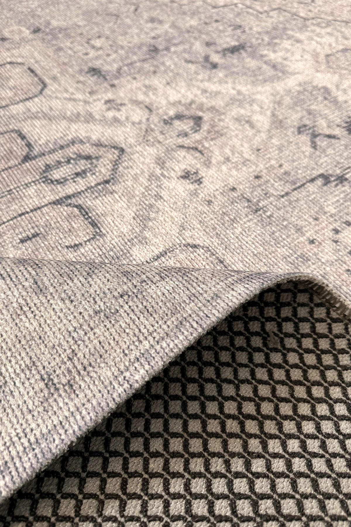 Eskitme gri bej şönil halı kilim yolluk kendinden saçaklı madalyo