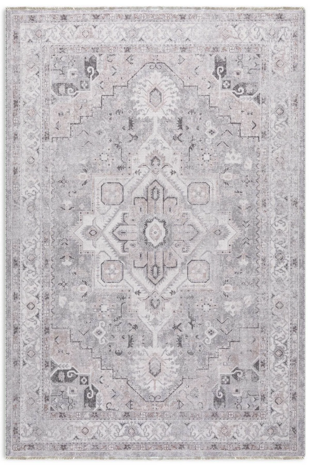 Eskitme gri bej şönil halı kilim yolluk kendinden saçaklı madalyo