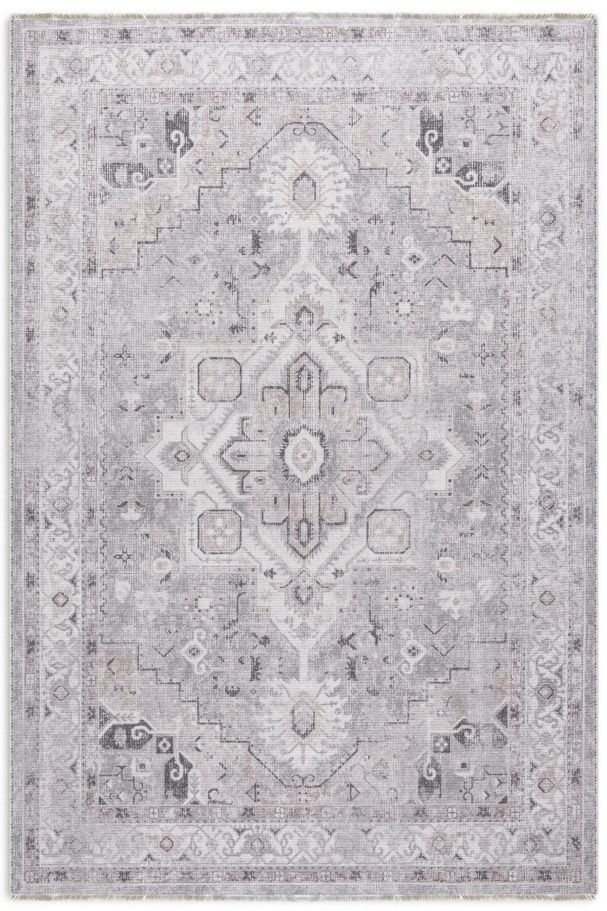 Eskitme gri bej şönil halı kilim yolluk kendinden saçaklı madalyon desen yıkanabilir kaymaz taban Eskitme gri bej şönil halı kilim yolluk kendinden saçaklı madalyon desen yıkanabilir kaymaz taban