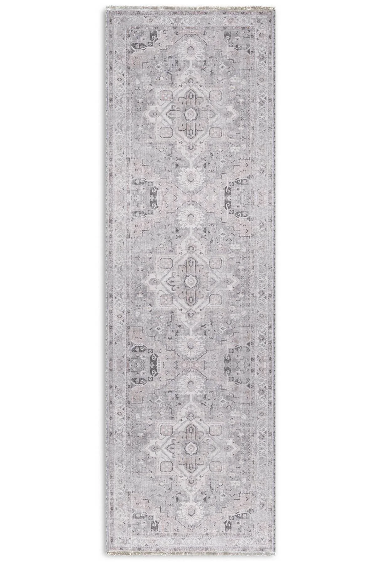 Eskitme gri bej şönil halı kilim yolluk kendinden saçaklı madalyo