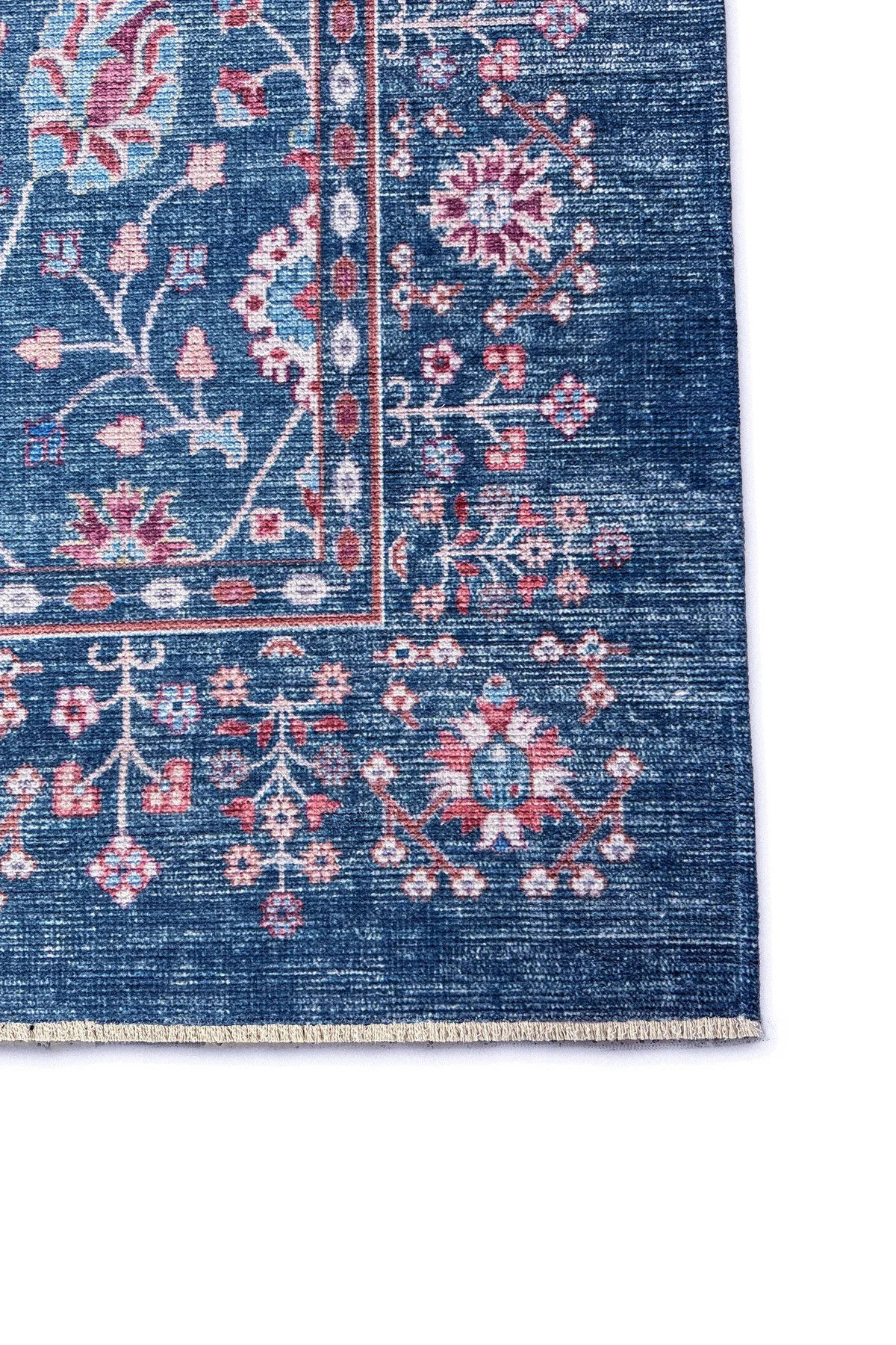 Eskitme mavi etnik desenli şönil kendinden saçaklı halı kilim yolluk yıkanabilir kaymaz taban Eskitme mavi etnik desenli şönil kendinden saçaklı halı kilim yolluk yıkanabilir kaymaz taban