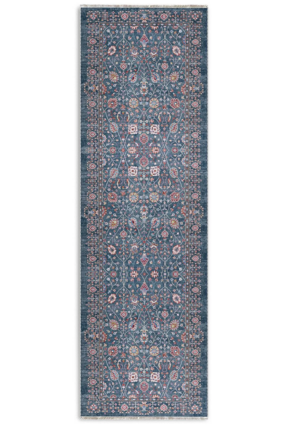 Eskitme mavi etnik desenli şönil kendinden saçaklı halı kilim yolluk yıkanabilir kaymaz taban Eskitme mavi etnik desenli şönil kendinden saçaklı halı kilim yolluk yıkanabilir kaymaz taban