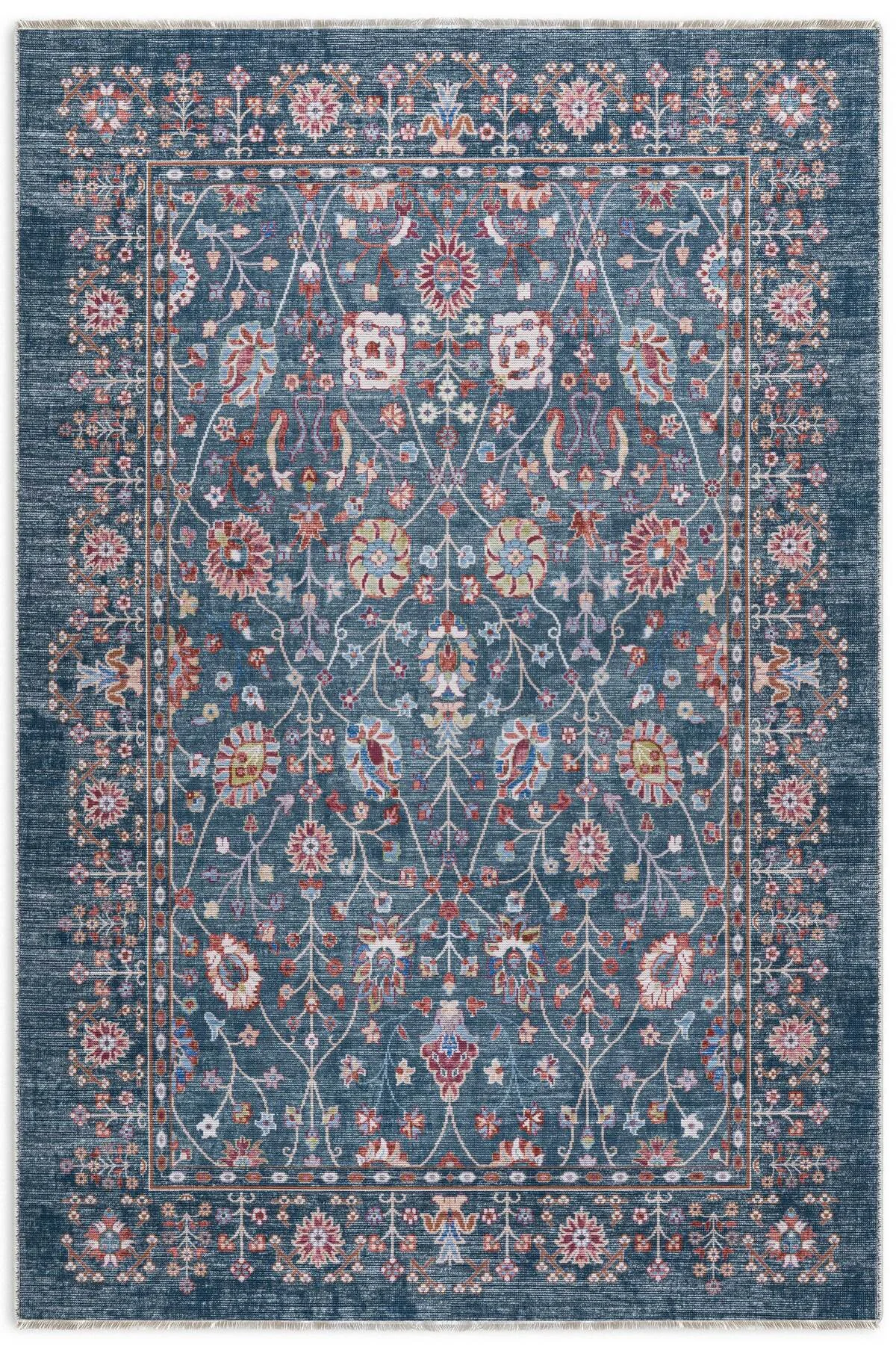 Eskitme mavi etnik desenli şönil kendinden saçaklı halı kilim yolluk yıkanabilir kaymaz taban Eskitme mavi etnik desenli şönil kendinden saçaklı halı kilim yolluk yıkanabilir kaymaz taban