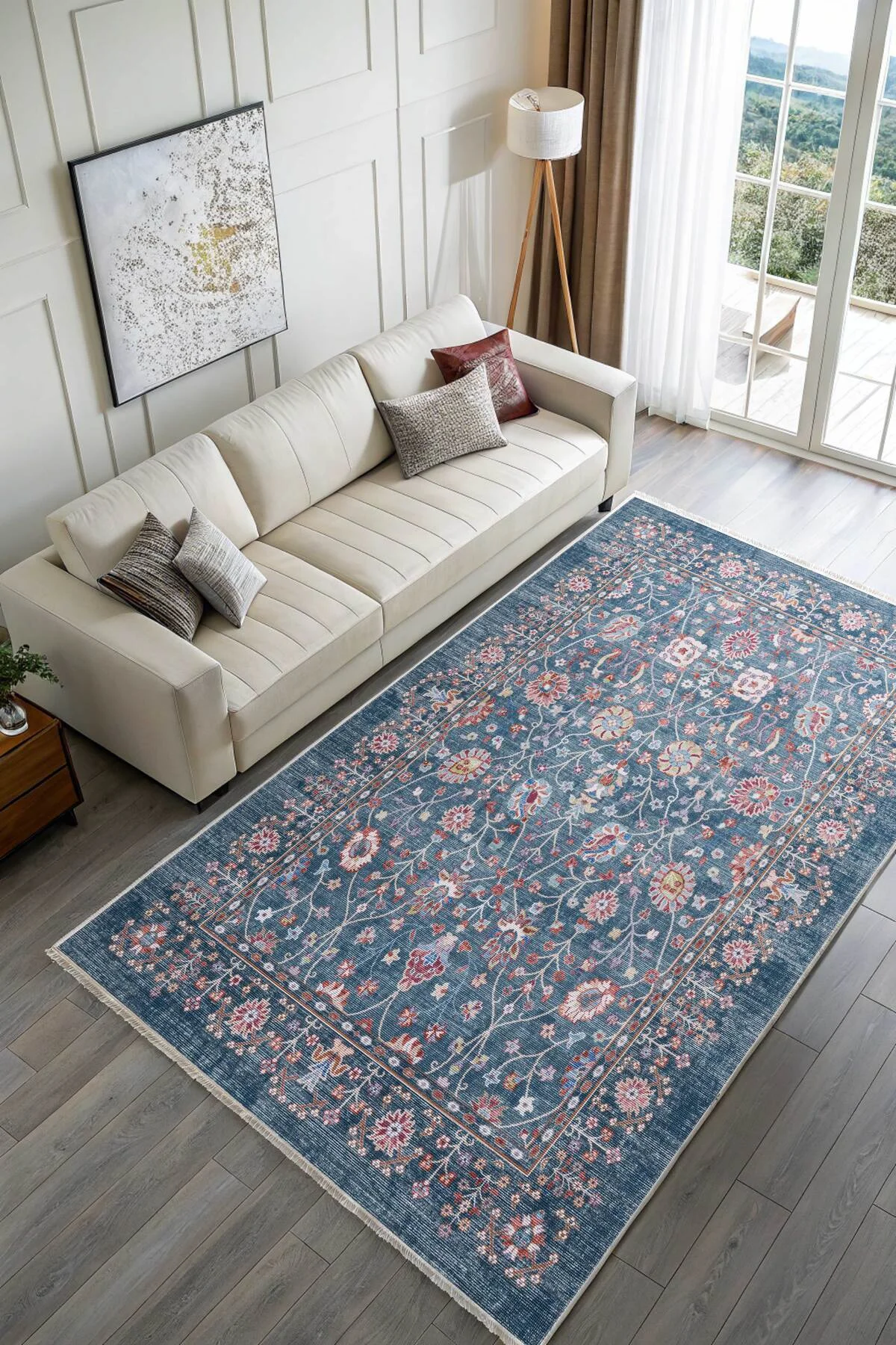 Eskitme mavi etnik desenli şönil kendinden saçaklı halı kilim yolluk yıkanabilir kaymaz taban Eskitme mavi etnik desenli şönil kendinden saçaklı halı kilim yolluk yıkanabilir kaymaz taban