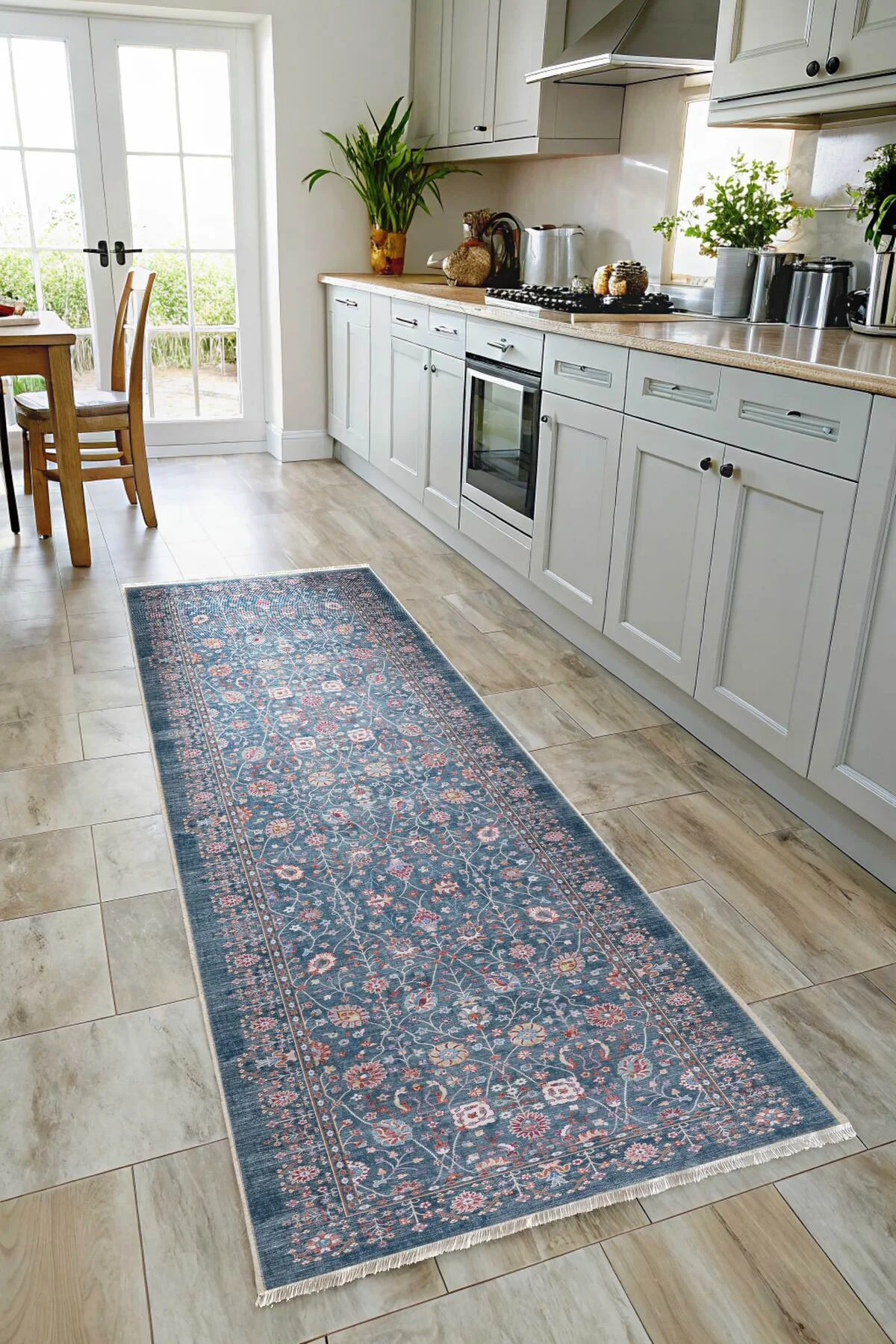 Eskitme mavi etnik desenli şönil kendinden saçaklı halı kilim yolluk yıkanabilir kaymaz taban Eskitme mavi etnik desenli şönil kendinden saçaklı halı kilim yolluk yıkanabilir kaymaz taban