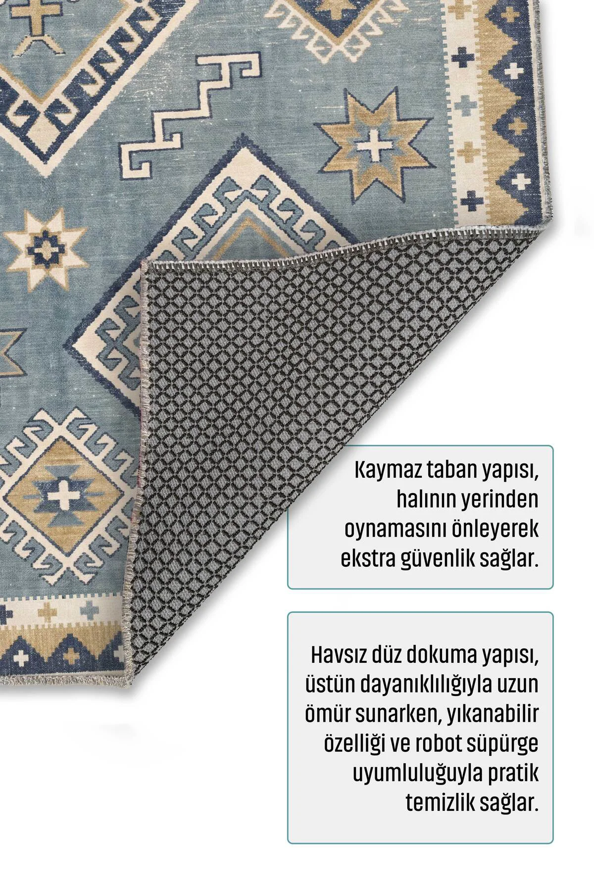 Eskitme Mavi Şönil Halı Kilim Yoluk Kaymaz Yıkanabilir Mutfak Kor