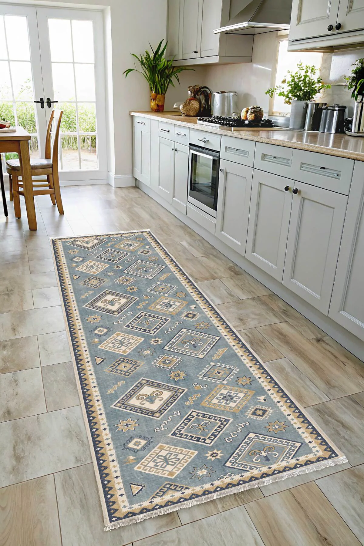 Eskitme Mavi Şönil Halı Kilim Yoluk Kaymaz Yıkanabilir Mutfak Kor