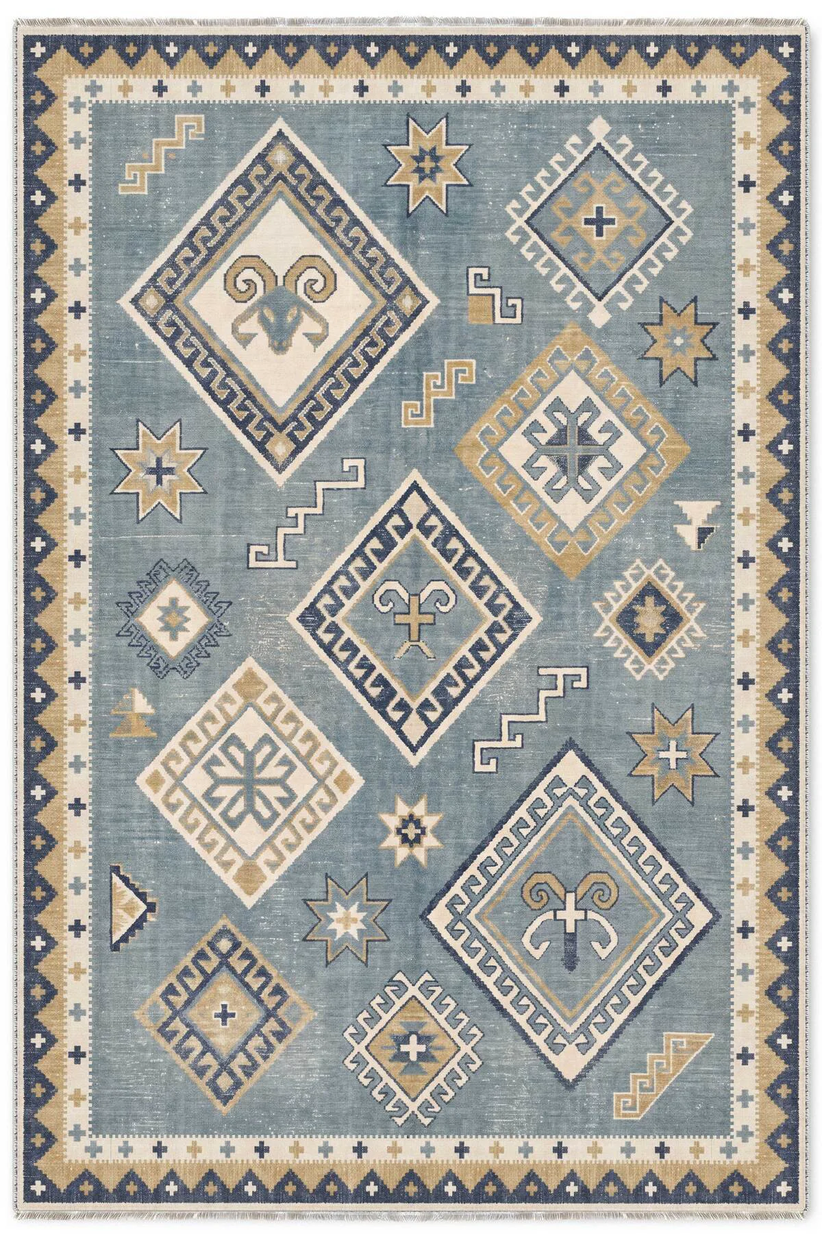 Eskitme Mavi Şönil Halı Kilim Yoluk Kaymaz Yıkanabilir Mutfak Kor