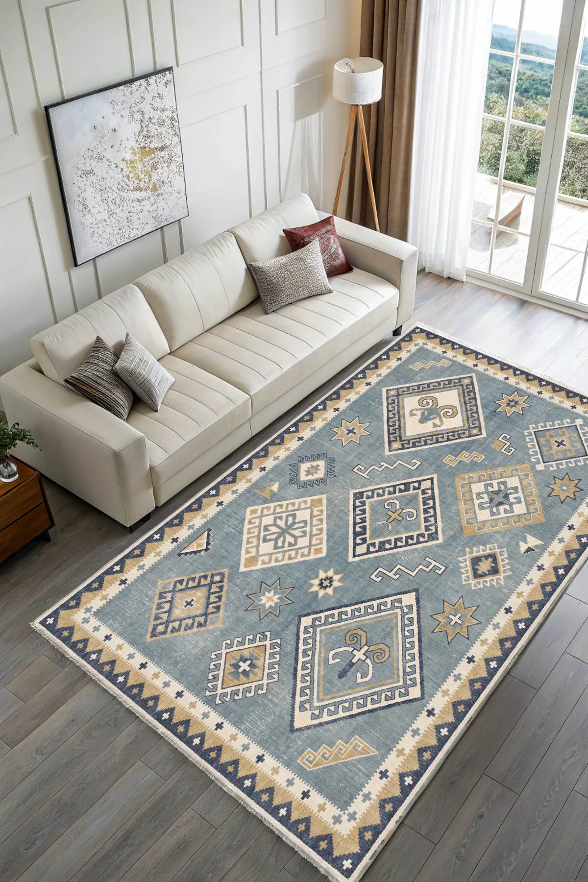 Eskitme Mavi Şönil Halı Kilim Yoluk Kaymaz Yıkanabilir Mutfak Kor