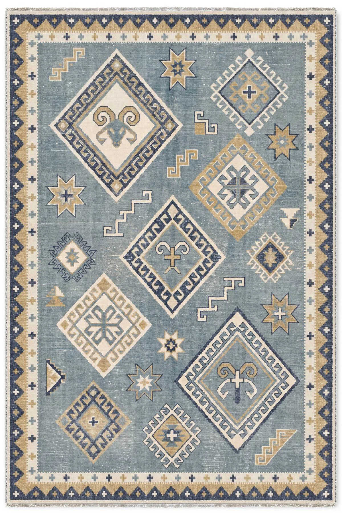 Eskitme Mavi Şönil Halı Kilim Yoluk Kaymaz Yıkanabilir Mutfak Kor