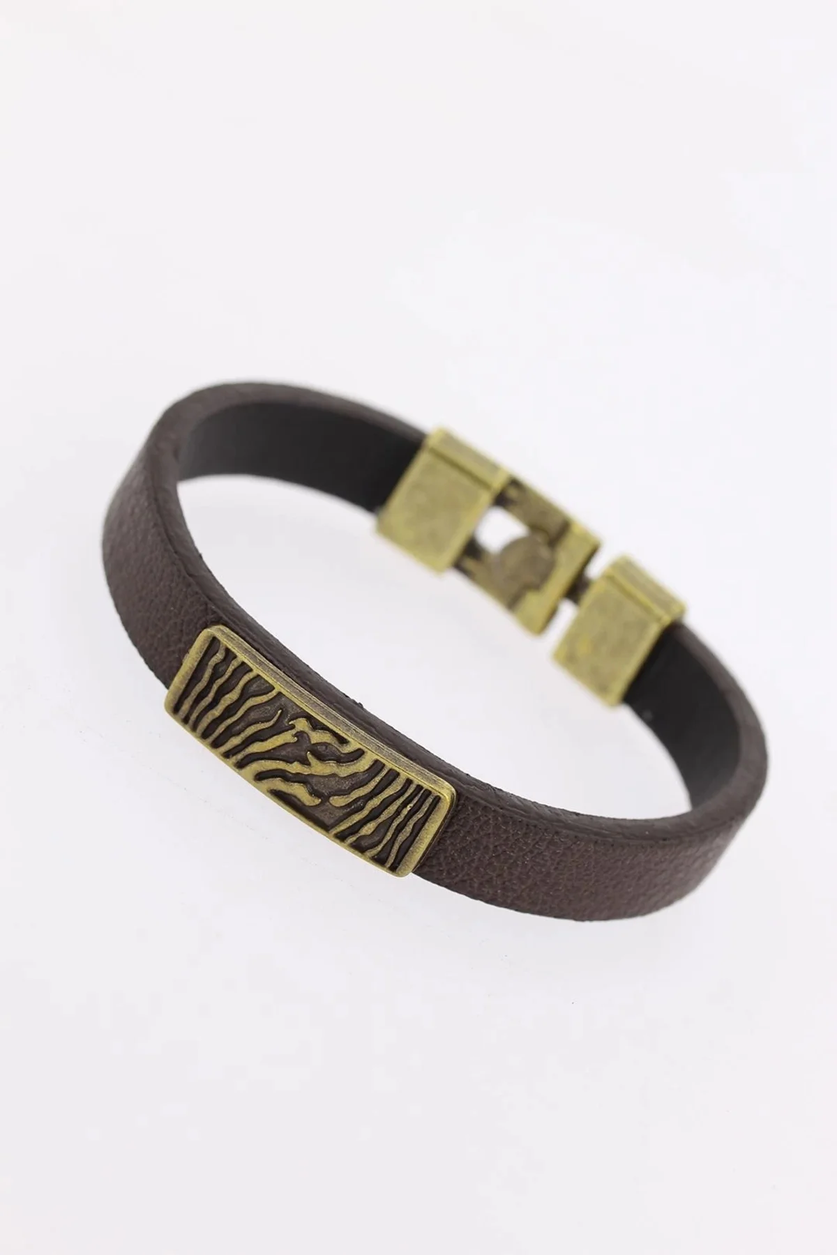 Eskitme Metal Zebra Aksesuarlı Kahverengi Deri Erkek Bileklik