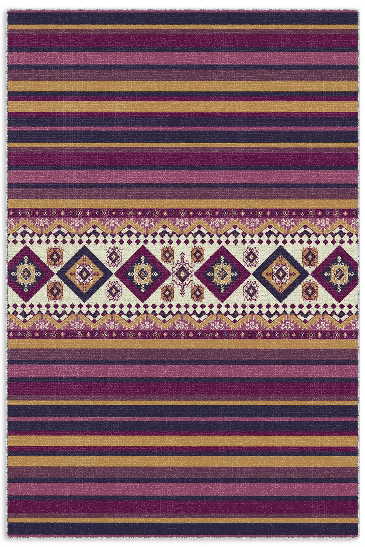 Eskitme Mor Hardal Renkli Şönil Halı Kilim Yolluk Yıkanabilir Kay