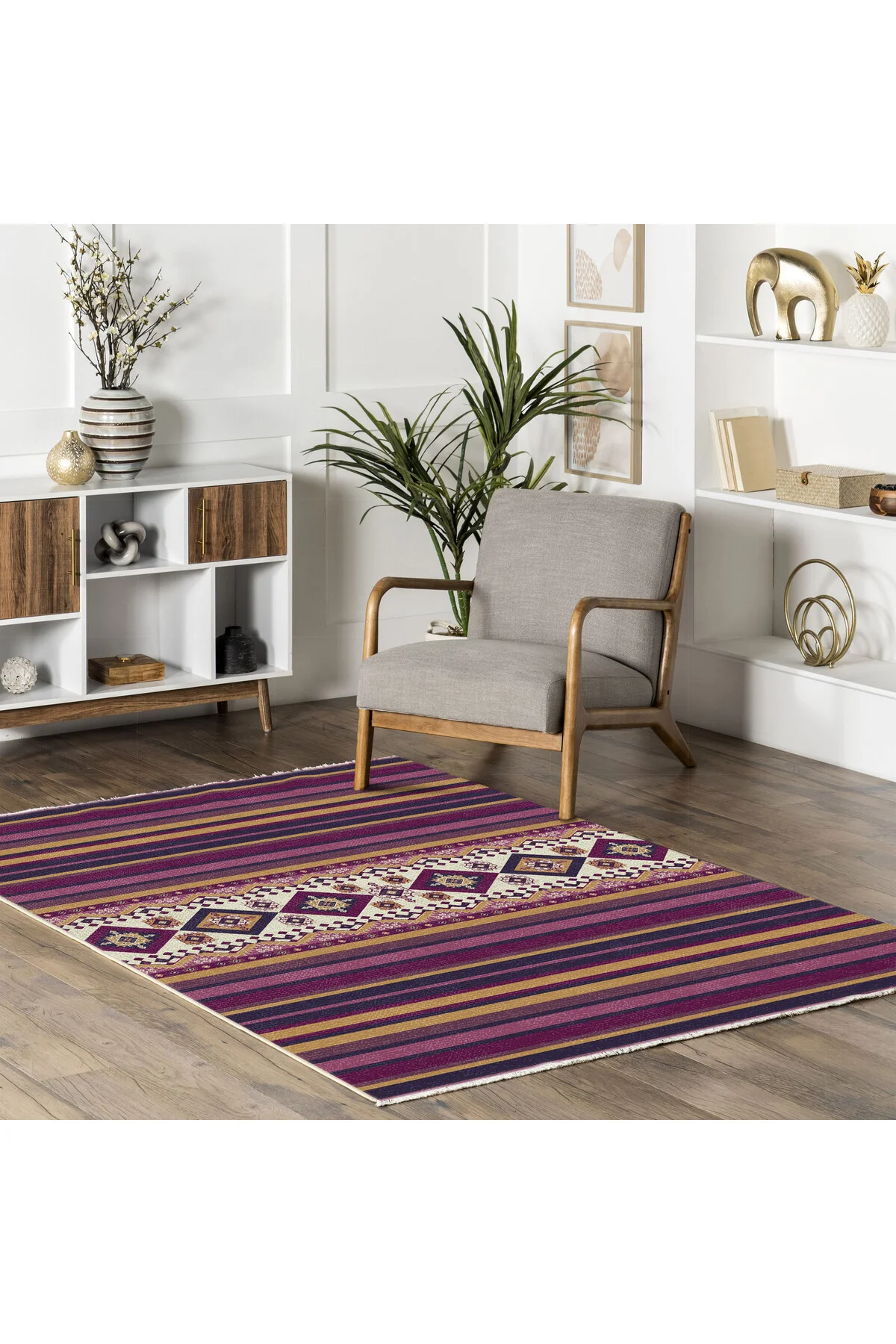 Eskitme Mor Hardal Renkli Şönil Halı Kilim Yolluk Yıkanabilir Kay