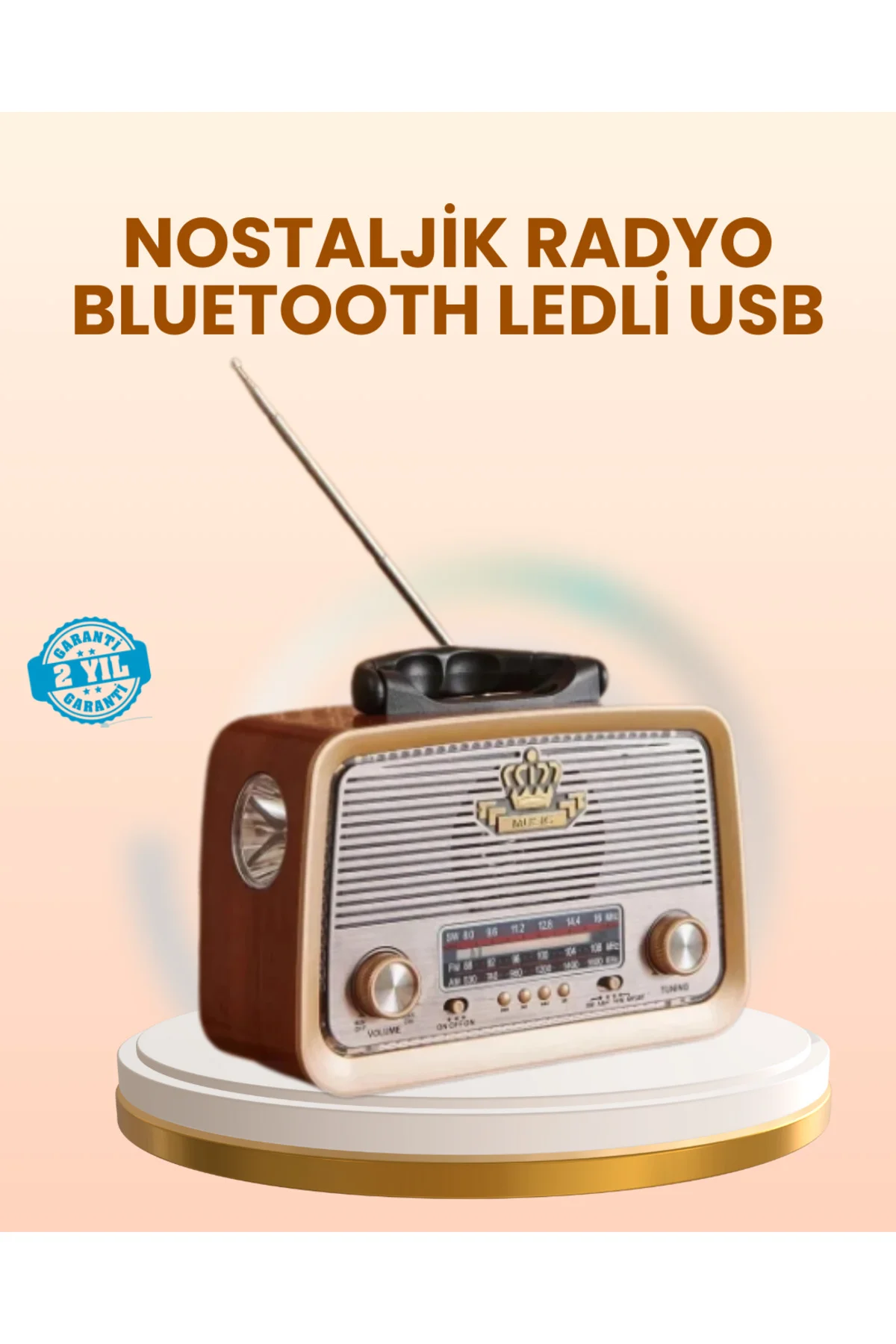 Eskitme Tasarımlı Ahşap Bluetooth Radyo Led Aydınlatmalı