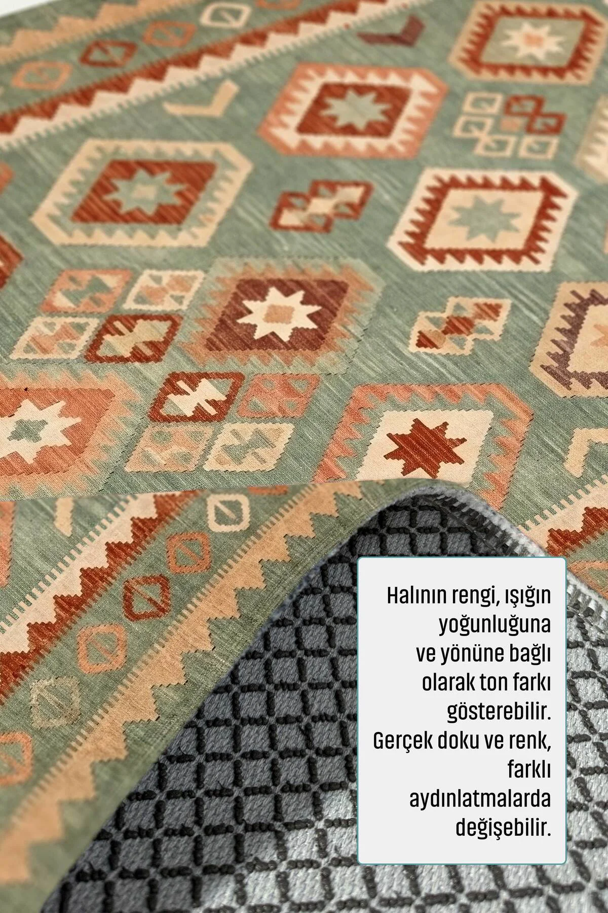 Eskitme Yeşil Anadolu Kilim Şönil Halı Yolluk Kaymaz Yıkanabilir 
