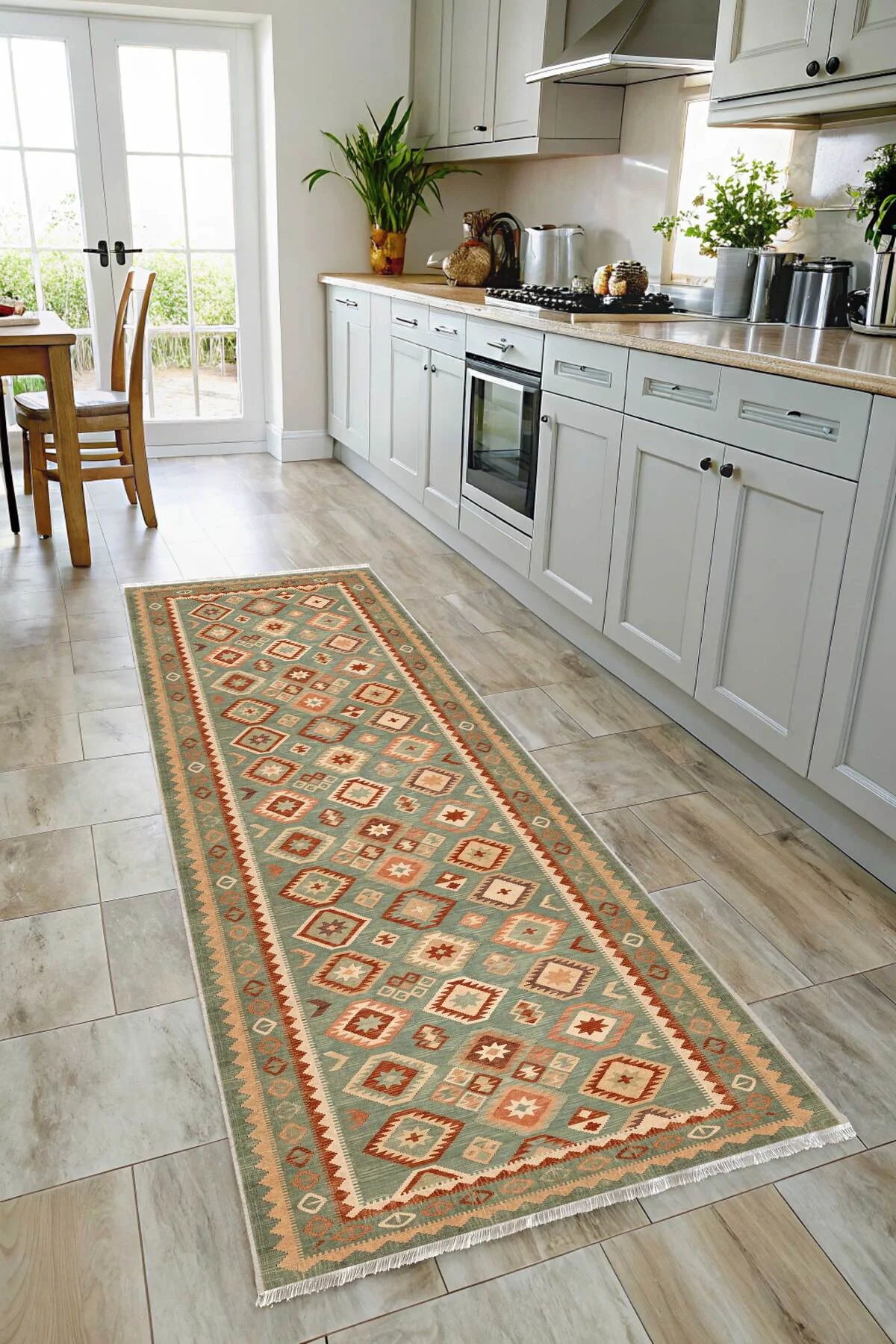 Eskitme Yeşil Anadolu Kilim Şönil Halı Yolluk Kaymaz Yıkanabilir 
