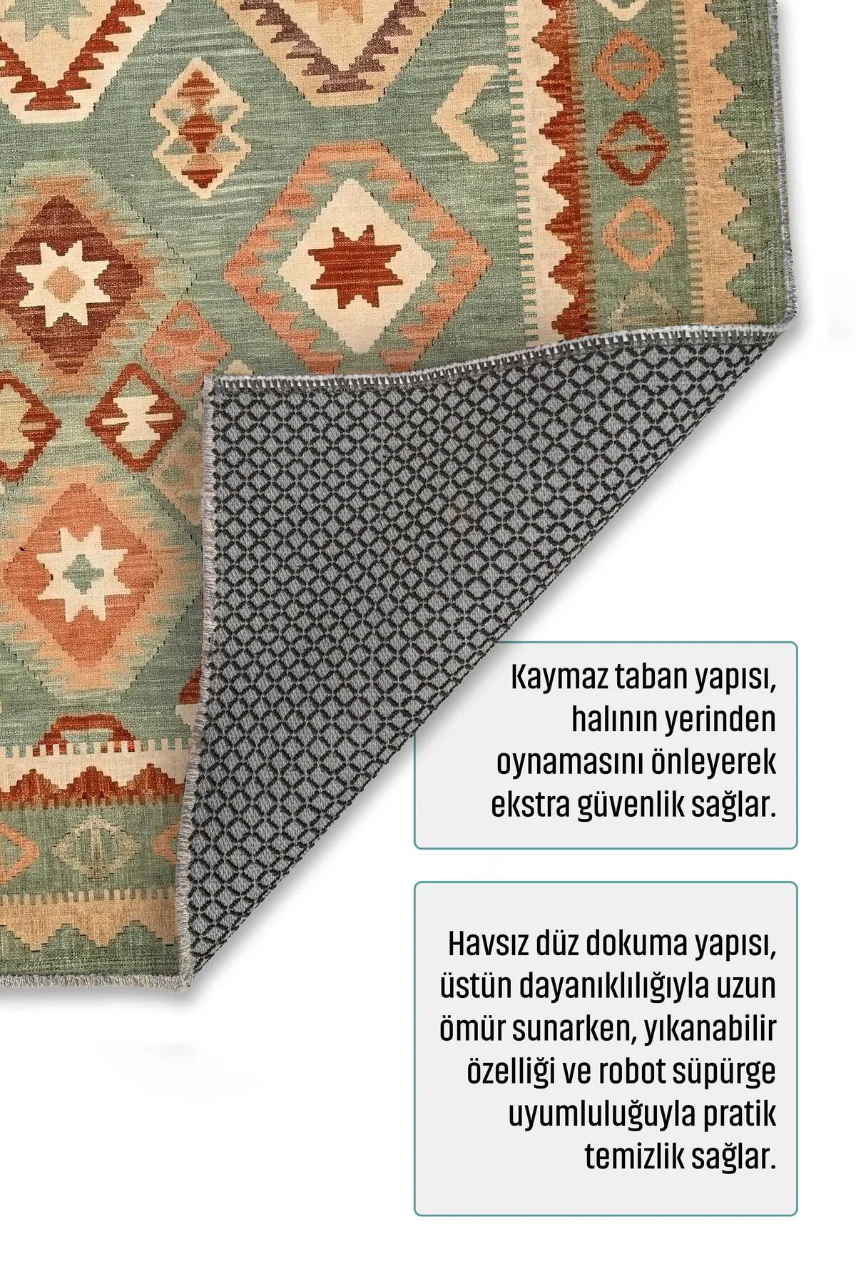 Eskitme Yeşil Anadolu Kilim Şönil Halı Yolluk Kaymaz Yıkanabilir 