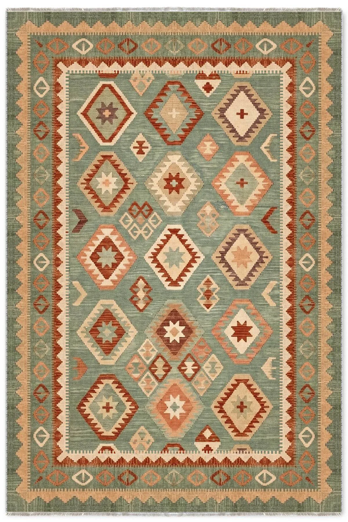 Eskitme Yeşil Anadolu Kilim Şönil Halı Yolluk Kaymaz Yıkanabilir 