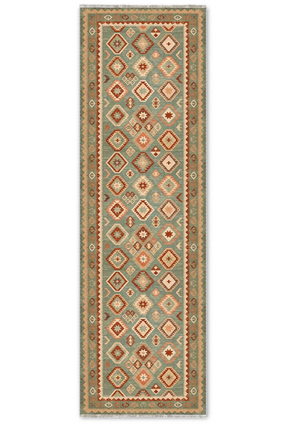 Eskitme Yeşil Anadolu Kilim Şönil Halı Yolluk Kaymaz Yıkanabilir 