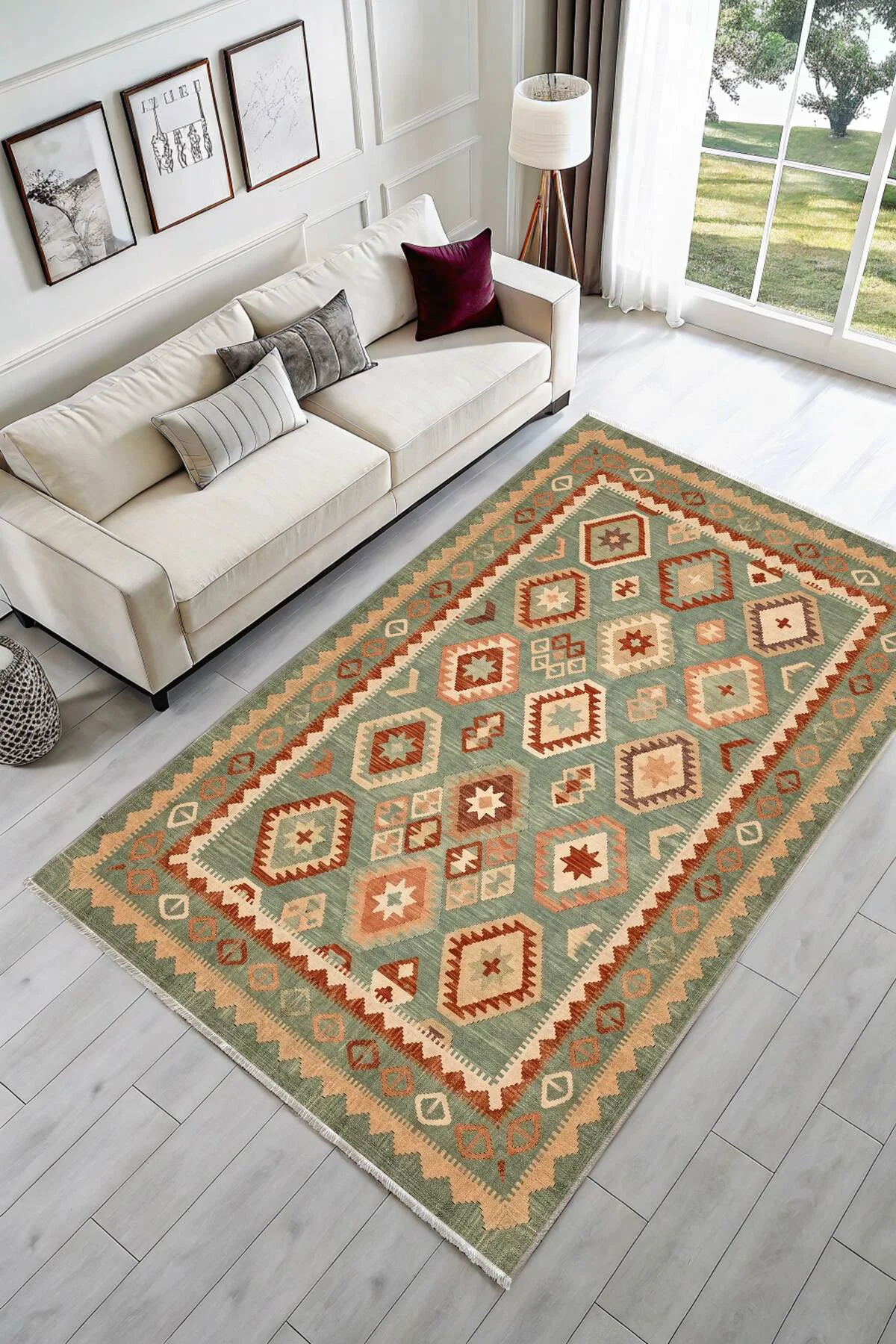 Eskitme Yeşil Anadolu Kilim Şönil Halı Yolluk Kaymaz Yıkanabilir 