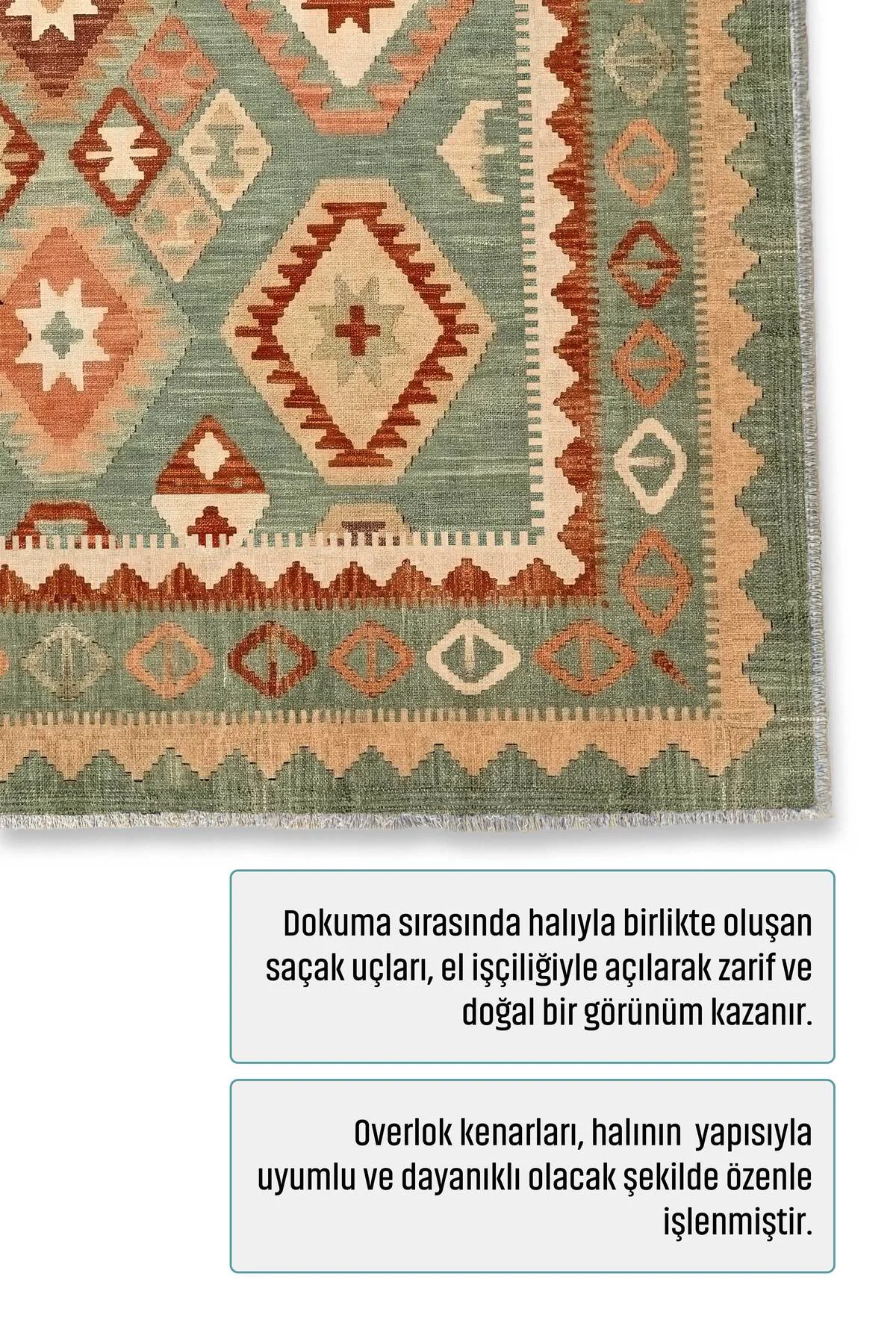 Eskitme Yeşil Anadolu Kilim Şönil Halı Yolluk Kaymaz Yıkanabilir 
