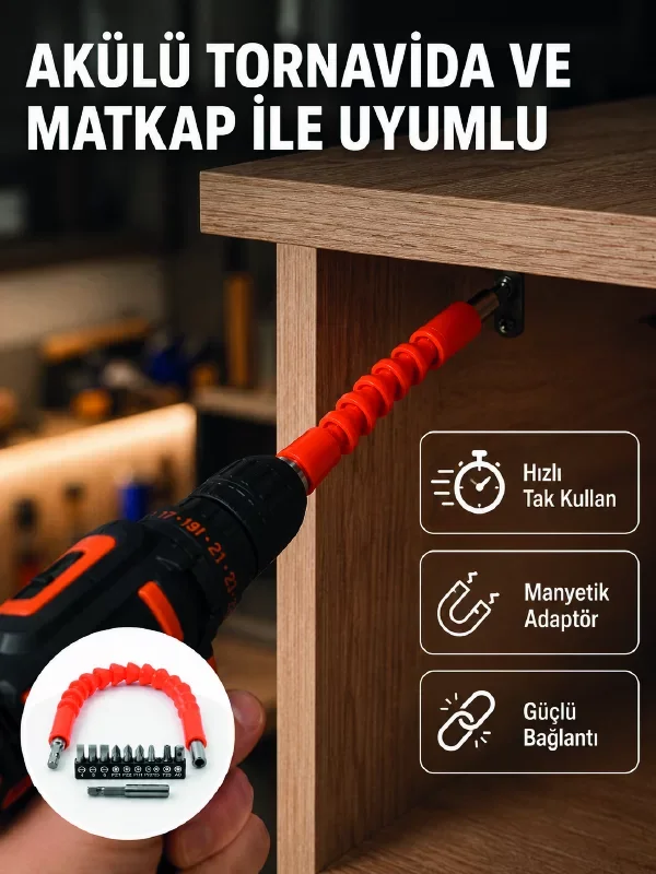 Esnek Bits Uç Seti 12 Parça Manyetik Adaptörlü Matkap Tornavida Aksesuarı