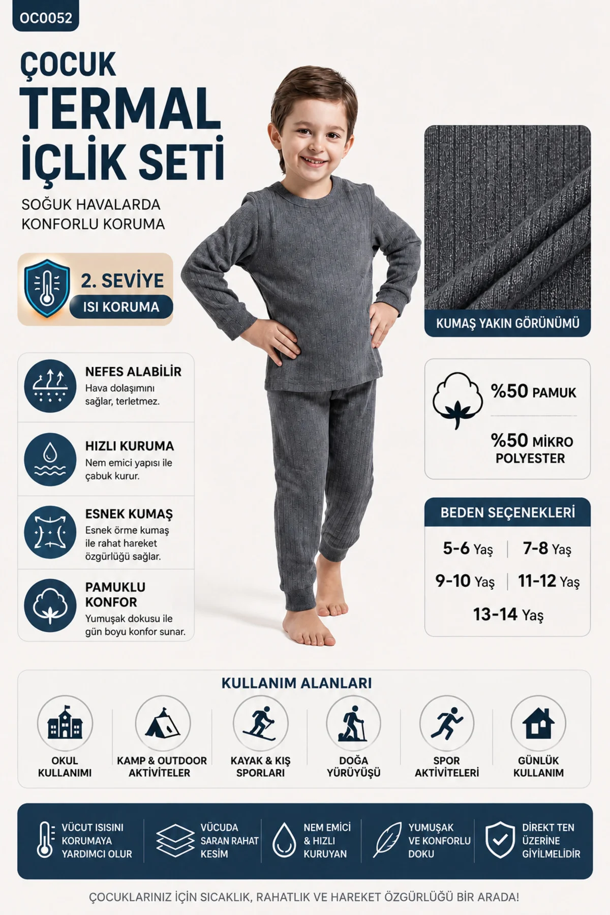 Esnek Hava Geçirmez Termal Çocuk İçlik Takım Unisex