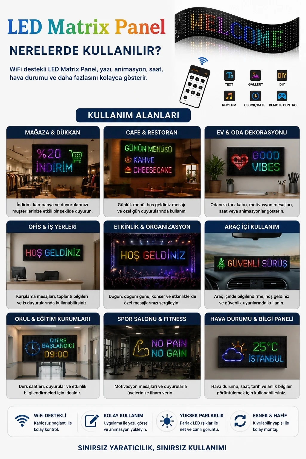 Esnek LED Matrix Panel Kayan Yazı Ekranı Kumandalı Ritim Ve Galeri Destekli