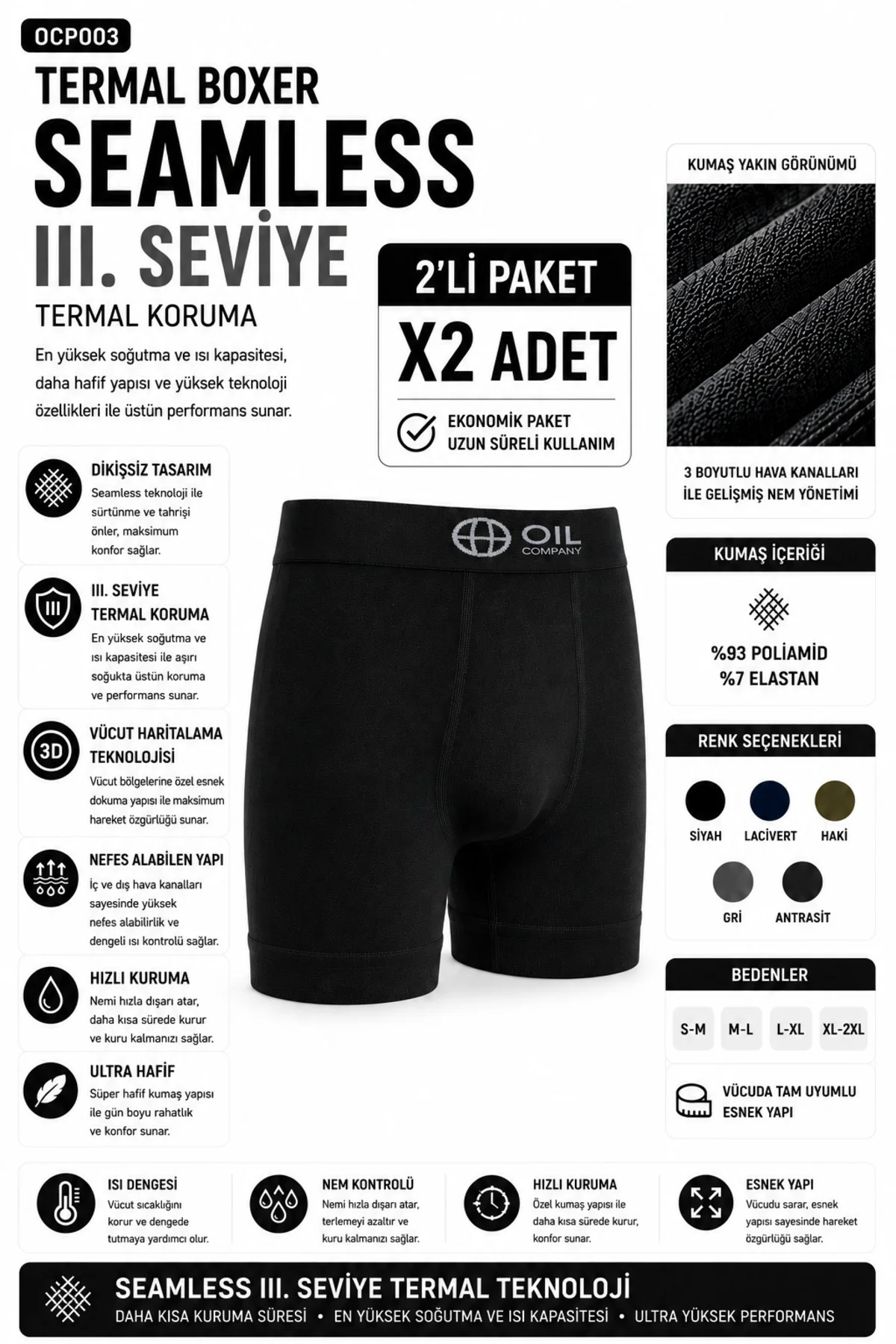 Esnek Nefes Alabilir Rahat Kumaş Pamuklu Likrali Erkek Siyah Boxer Terletmez 2'Lİ PAKET