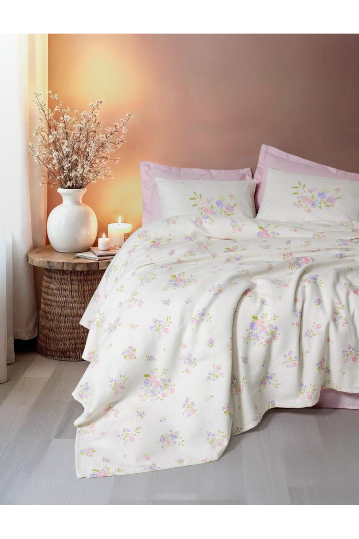 Nezade Store Estiva Çift Kişilik Pike Takımı Petal Pembe