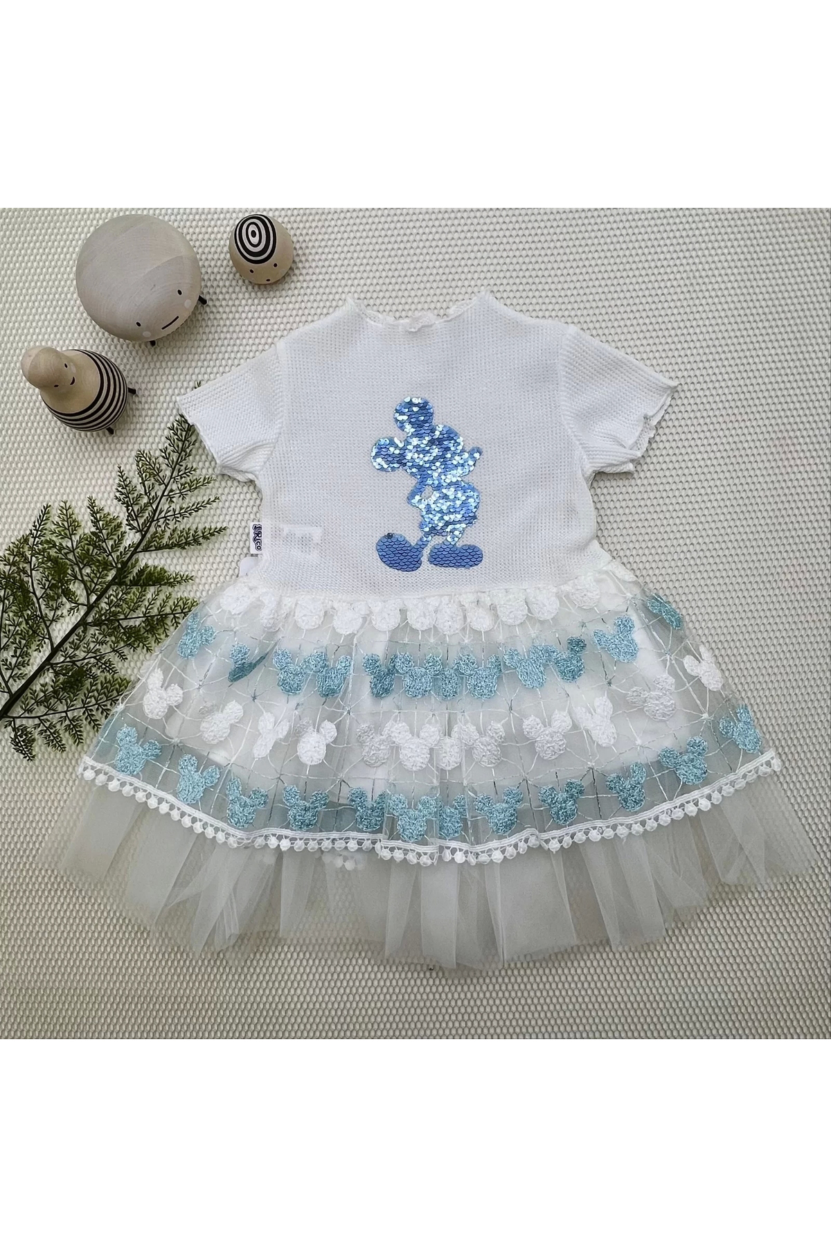 Shop58 Eterella Petli Mickey Baskili Brode Etekli Kiz Bebek Elbisesi Tur