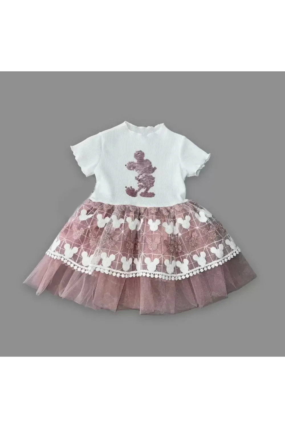 Eterella Petli Mickey Baskılı Brode Etekli Kız Bebek Elbisesi Gül