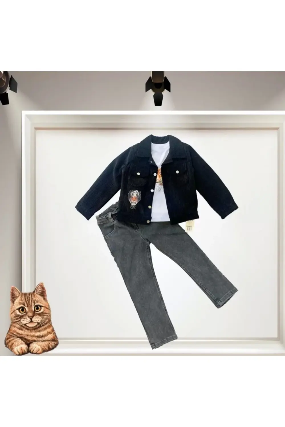 Eterelle Fitilli Kadife Ceket Kot Pantolonlu 3lü Kız Erkek Çocuk